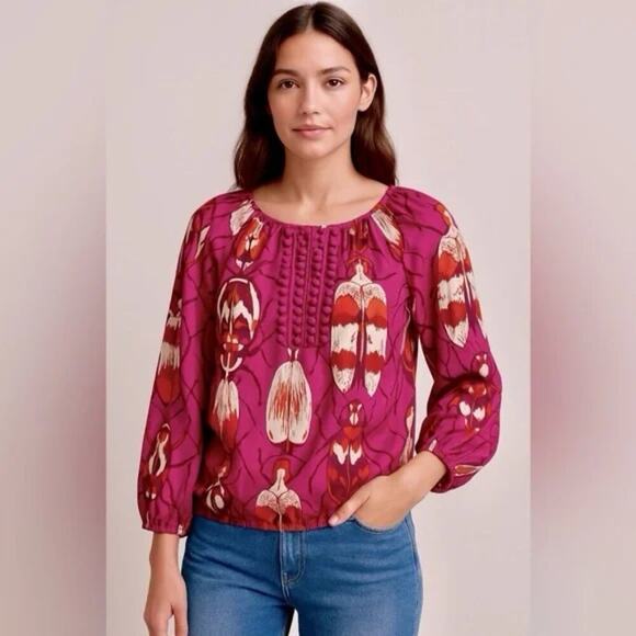 Tory Burch Tops - Tory Burch 100% Silk Beetle Print Top Fuchsia Orange Cream Size 6